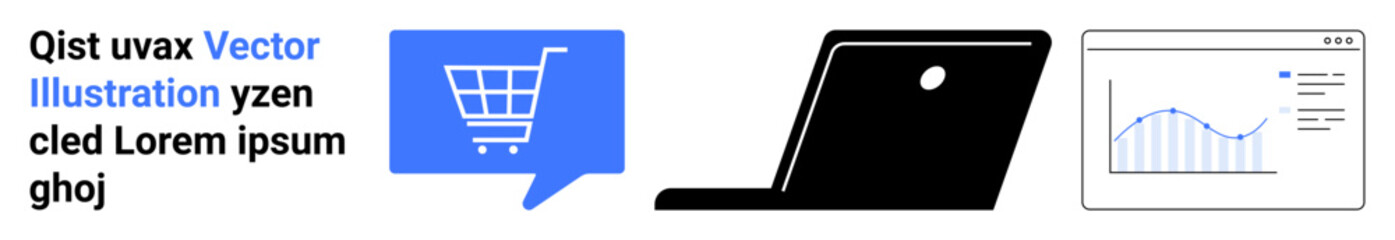 Shopping cart in speech bubble, black laptop, and data analytics graph in web browser. Ideal for ecommerce, technology, business analysis, online retail, market research, web design, and digital