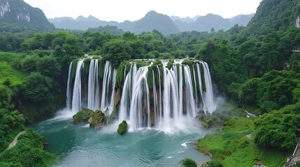 Obraz premium aerial view of a large powerful waterfall cascading through a lush verdant jungle landscape from a drone s eye perspective