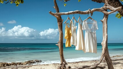 Dresses hanging on beach.