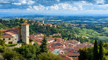 Obraz premium Aerial view of a majestic ancient walled city nestled amongst the rolling green hills of the Tuscan countryside with its historic architecture fortified walls and scenic panoramic landscape