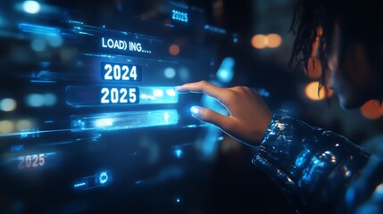 Fototapeta premium Progress and transition from 2024 to 2025 concept. A person pointing to loading bar transitioning from 2024 to 2025, progress, future planning, and new year goals. annual planning and business growth