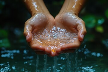 Close-up of hands washing with water in nature emphasizing purity