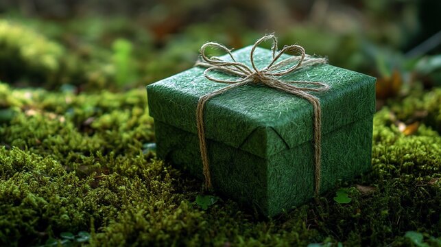 Green gift box on moss.
