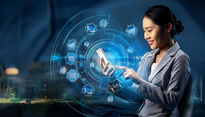 Concept technology icon. Digital screen of businesswoman using smartphone.