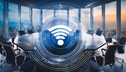 Digital wireless interface technology concept icon. Abstract blurred image of conference room.