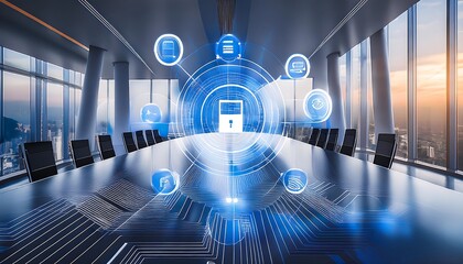 Digital wireless interface technology concept icon. Abstract blurred image of conference room.