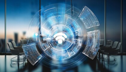 Digital wireless interface technology concept icon. Abstract blurred image of conference room.