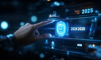 Fototapeta premium Progress and transition from 2024 to 2025 concept. A person pointing to loading bar transitioning from 2024 to 2025, progress, future planning, and new year goals. annual planning and business growth