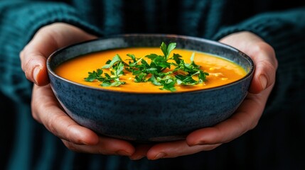 A warm bowl of vibrant orange soup garnished with fresh herbs, held in hands, conveying comfort and homemade warmth.