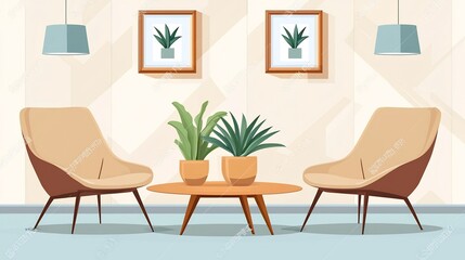 Fototapeta premium Cozy and Minimalist Living Room with Elegant Furniture Potted Plants and Minimalist Accents in a Bright and Airy Interior Design