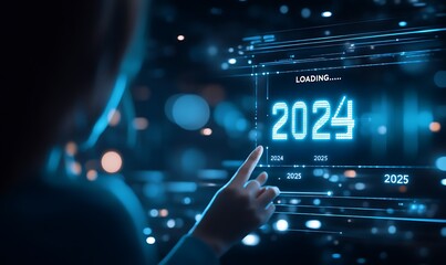 Obraz premium Progress and transition from 2024 to 2025 concept. A person pointing to loading bar transitioning from 2024 to 2025, progress, future planning, and new year goals. annual planning and business growth
