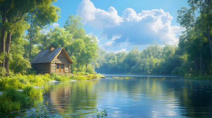 Cabin by the River 3D Illustration