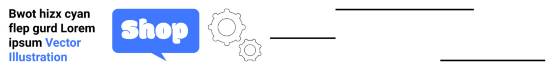 Blue speech bubble with Shop text and gear icons, Ideal for e-commerce, online shopping, tech solutions, customer support, digital marketing. Banner for landing page