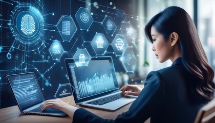 People working on laptops with icons representing ethics, law, and governance in artificial intelligence.