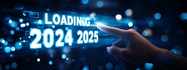 Obraz premium Progress and transition from 2024 to 2025 concept. A person pointing to loading bar transitioning from 2024 to 2025, progress, future planning, and new year goals. annual planning and business growth