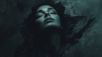 Fototapeta premium Enigmatic Feminine Digital Portrait with Dramatic Light and Shadow Interplay Surrounded by Abstract Strokes in Deep Black and Gray Tones