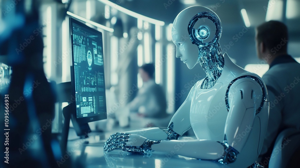 Aufkleber Humanoid robot working at computer in futuristic lab.