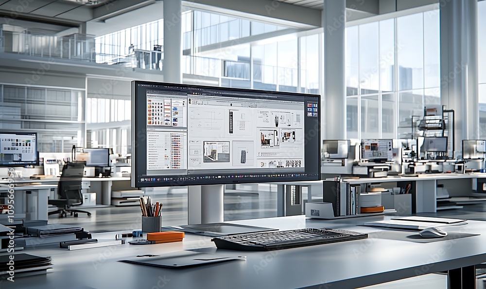 Poster modern office workspace with computer and design elements for productivity.