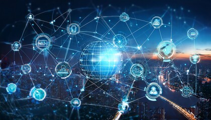 Obraz premium Technology concept and network icons. Online data exchange connecting the world.