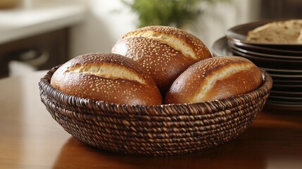 Freshly Baked Artisan Rolls in a Basket on a Wooden Table