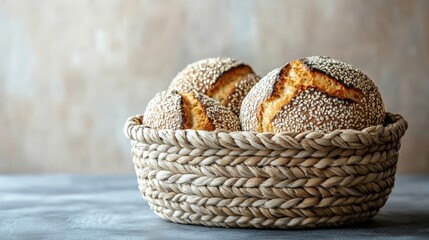 Obraz premium Freshly Baked Sesame Bread Rolls in Woven Basket