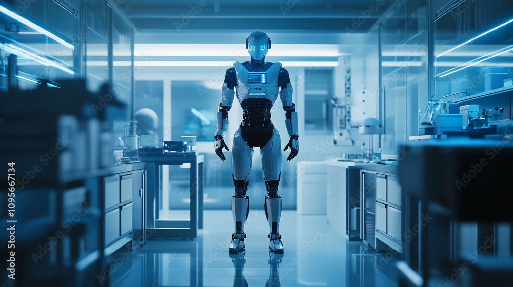 Poster humanoid robot standing in a futuristic lab.