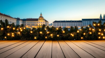 Naklejka premium Christmas palace grand. A beautifully lit outdoor scene featuring decorative lights on greenery, with a city skyline in the background at dusk.