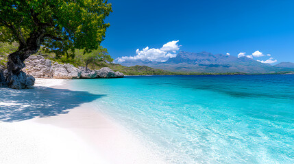 Fototapeta premium Panoramic View of a Beautiful Beach with White Sand and Turquoise Waters