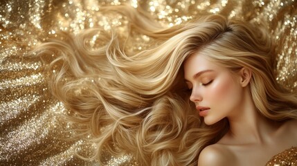 A woman with long blonde hair is laying on a gold blanket. She has a peaceful expression on her face