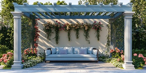 blue and cream elegant gazebo terrace with luxury sofa elegant paving stones and different flowers 