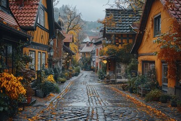 Obraz premium Cobblestone street with yellow flowers and buildings