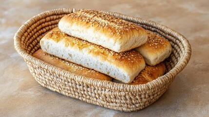 Freshly Baked Sesame Bread Rolls in Rustic Basket