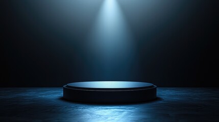 A Black Circular Pedestal Under a Spotlit Blue Background
