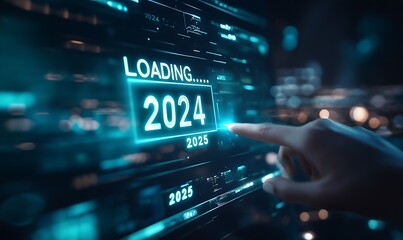 Fototapeta premium Progress and transition from 2024 to 2025 concept. A person pointing to loading bar transitioning from 2024 to 2025, progress, future planning, and new year goals. annual planning and business growth