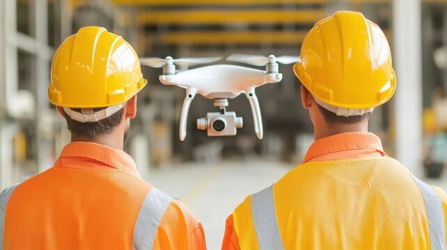 Technicians using drones to monitor a large waste treatment facility, ensuring proper operations   drone technology, waste monitoring