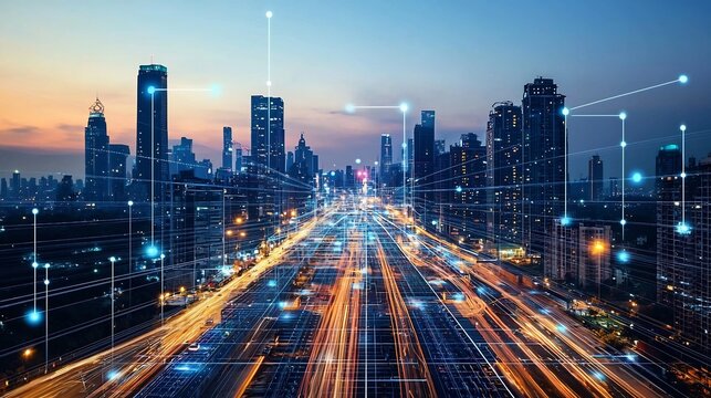 Futuristic metropolitan skyline showcasing the of renewable energy sources into an advanced interconnected urban smart grid system  The image depicts a dynamic