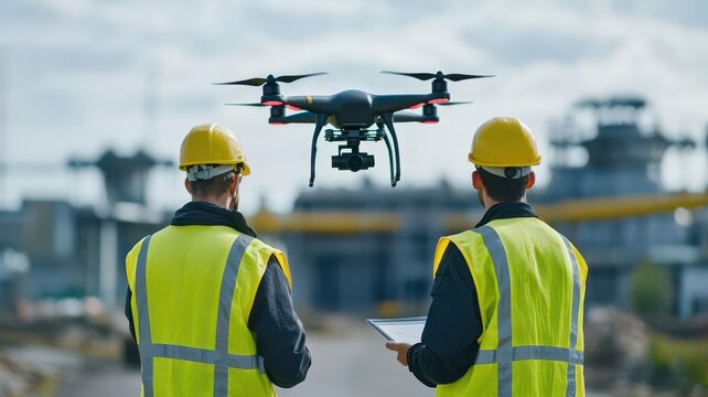Technicians using drones to monitor a large waste treatment facility, ensuring proper operations   drone technology, waste monitoring