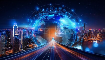 Technology icons concept and abstract of modern city at night.