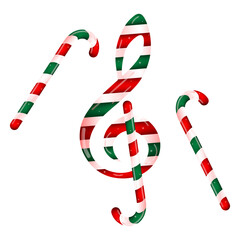 Music key with candy canes, Christmas musical element, vector illustration.