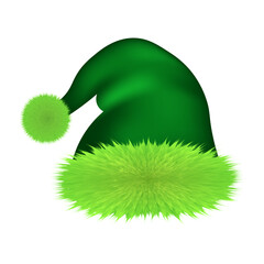 Green Christmas hat, furry winter accessory, vector illustration.