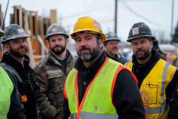 A team of construction workers wearing full safety gear, including helmets and high-visibility vests, at a job site, promoting workplace safety and collaboration.
