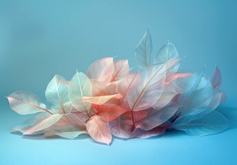 Obraz premium Delicate pastel-colored leaves arranged artistically on a soft blue background, creating a serene and calming atmosphere. Natural and modern decor concept.
