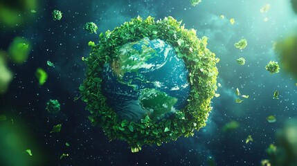 Fototapeta premium Lush green elements surrounding a floating earth globe symbolizing a sustainable and eco friendly future for our planet The image represents the harmony between technology nature