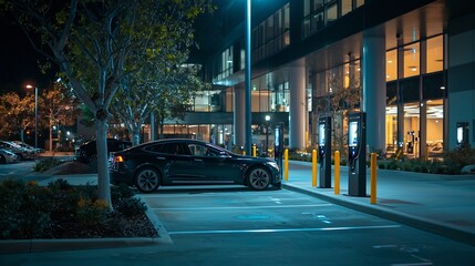 Fototapeta premium Nighttime view of a bustling commercial district with modern buildings storefronts and electric vehicle charging stations