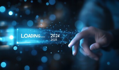  Progress and transition from 2024 to 2025 concept. A person pointing to loading bar transitioning from 2024 to 2025, progress, future planning, and new year goals. annual planning and business growth