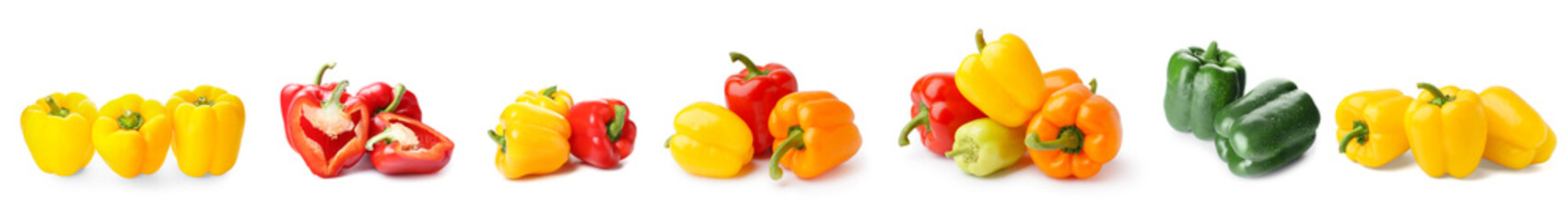 Set of many bell peppers on white background