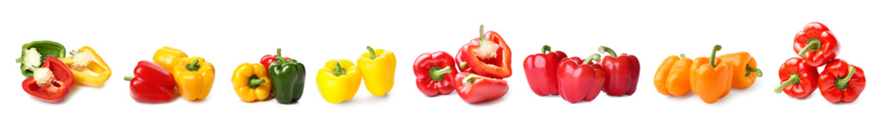 Set of many bell peppers isolated on white