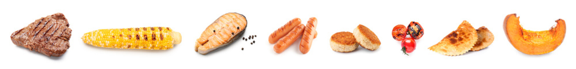 Group of fried food on white background
