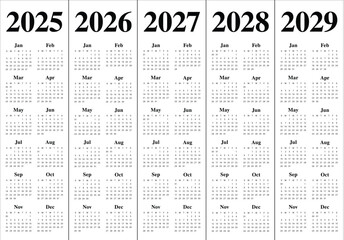 2025 2026 2027 2028 2029 year calendar vector design template