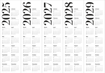 2025 2026 2027 2028 2029 year calendar vector design template